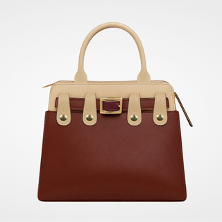 Interchangeable plant based vegan leather handbag in tan and burgundy, interchangeable burgundy cover and belt, with strap included (not pictured). 