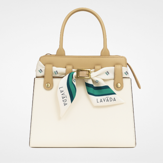 interchangeable tan cactus vegan leather handbag with white cover and matching 100% silk twilly scarf featuring the brand 'Laváda' on a white background