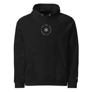 Black embroidered 'Tis The Season organic cotton holiday hoodie, standalone view