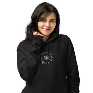 model wearing Black embroidered 'Tis The Season organic cotton holiday hoodie