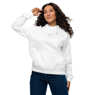 model wearing white embroidered 'Tis The Season organic cotton holiday hoodie