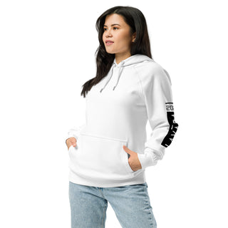 sustainable unisex hoodie shown on female model, in white