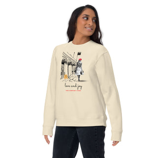 cream sweatshirt with black and white elegant holiday design and pops of color, love joy comfort food