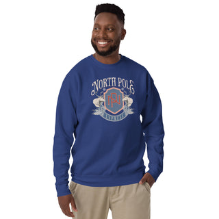 North Pole Express with crest premium unisex holiday Christmas sweatshirt, royal blue