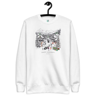 White, winter themed sweatshirt featuring a holiday village by Lavada