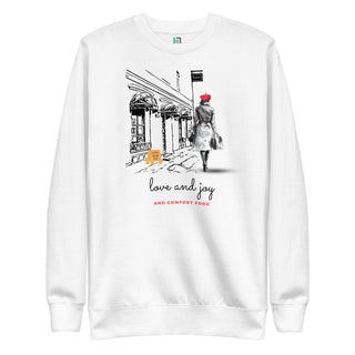 black and white elegant holiday sweatshirt with pops of color, love joy comfort food