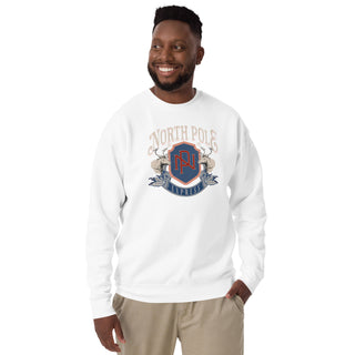 North Pole Express with crest premium unisex holiday Christmas sweatshirt, white