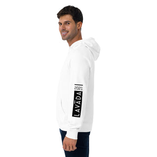 Sustainable hoodie by Lavada in white, bold logo graphic on left sleeve