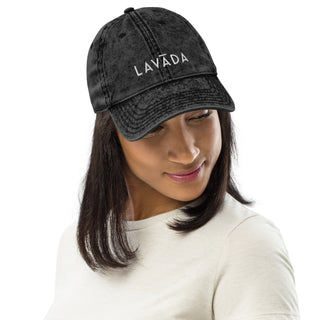female model wearing black vintage cotton twill baseball cap by Lavada