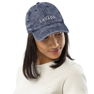female model wearing blue vintage cotton twill baseball cap by Lavada