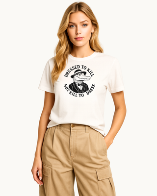 Model wearing white non cruelty  tshirt that reads 'dresed to kill, not kill to dress', 100% cotton 