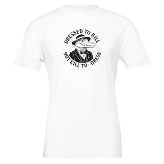 white non cruelty  tshirt that reads 'dresed to kill, not kill to dress', 100% cotton 