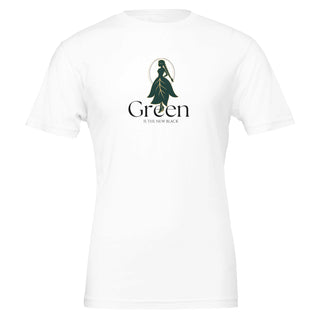 white eco friendly tshirt with graphic that reads 'Green is the New Black'