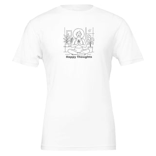 White tshirt with line art depicting woman in seated yoga pose and the words Happy Thoughts underneath, 100% cotton, eco friendly tshirt