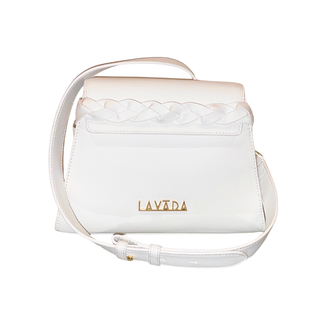 White apple skin vegan leather handbag with braided detail and 'LAVADA' branding on a white background