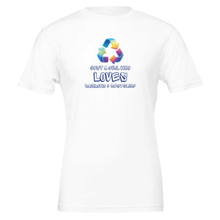 White eco friendly t-shirt with an iridescent recycling symbol. The slogan is 'Just a girl who loves rainbows and recycling' 100% cotton
