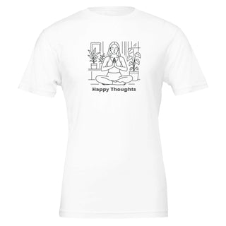 white tshirt that displays line art of woman in seated yoga pose with the words Happy Thoughts underneath. Eco friendly, 100% Airlume cotton