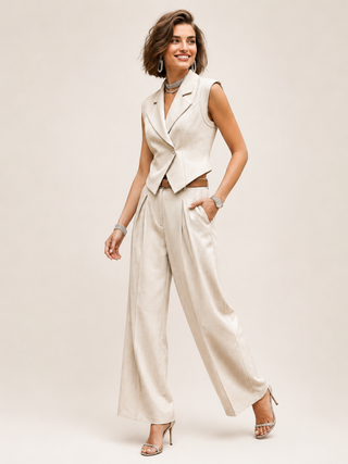 Woman wearing a cream colored sleeveless blazer and wide-leg pants on a plain background