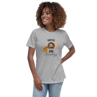 female model wearing gray coffee and handbags graphic cotton t-shirt for women