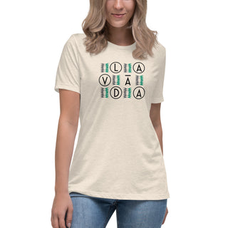 woman wearing light tan Lavada branded relaxed fit t-shirt, 100% cotton