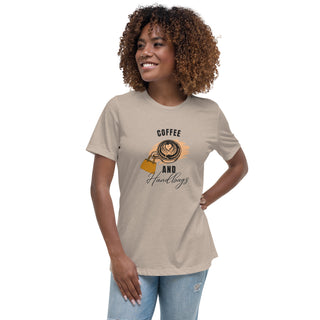 female model wearing tan coffee and handbags graphic cotton t-shirt for women by Lavada