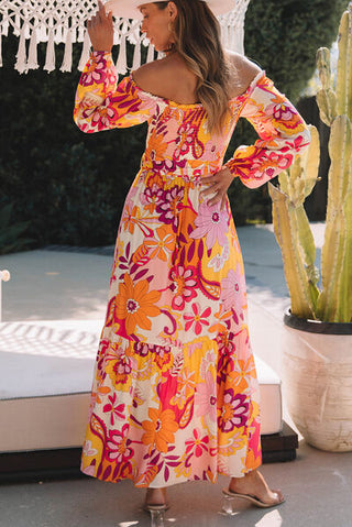 Printed Off-Shoulder Balloon Sleeve Maxi Dress, 100% Viscose