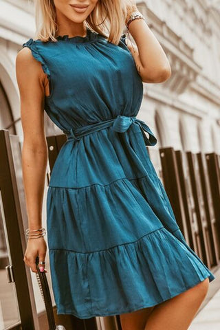 Sleeveless Dress with Frilly Neckline and Tied Waist, 75% Viscose